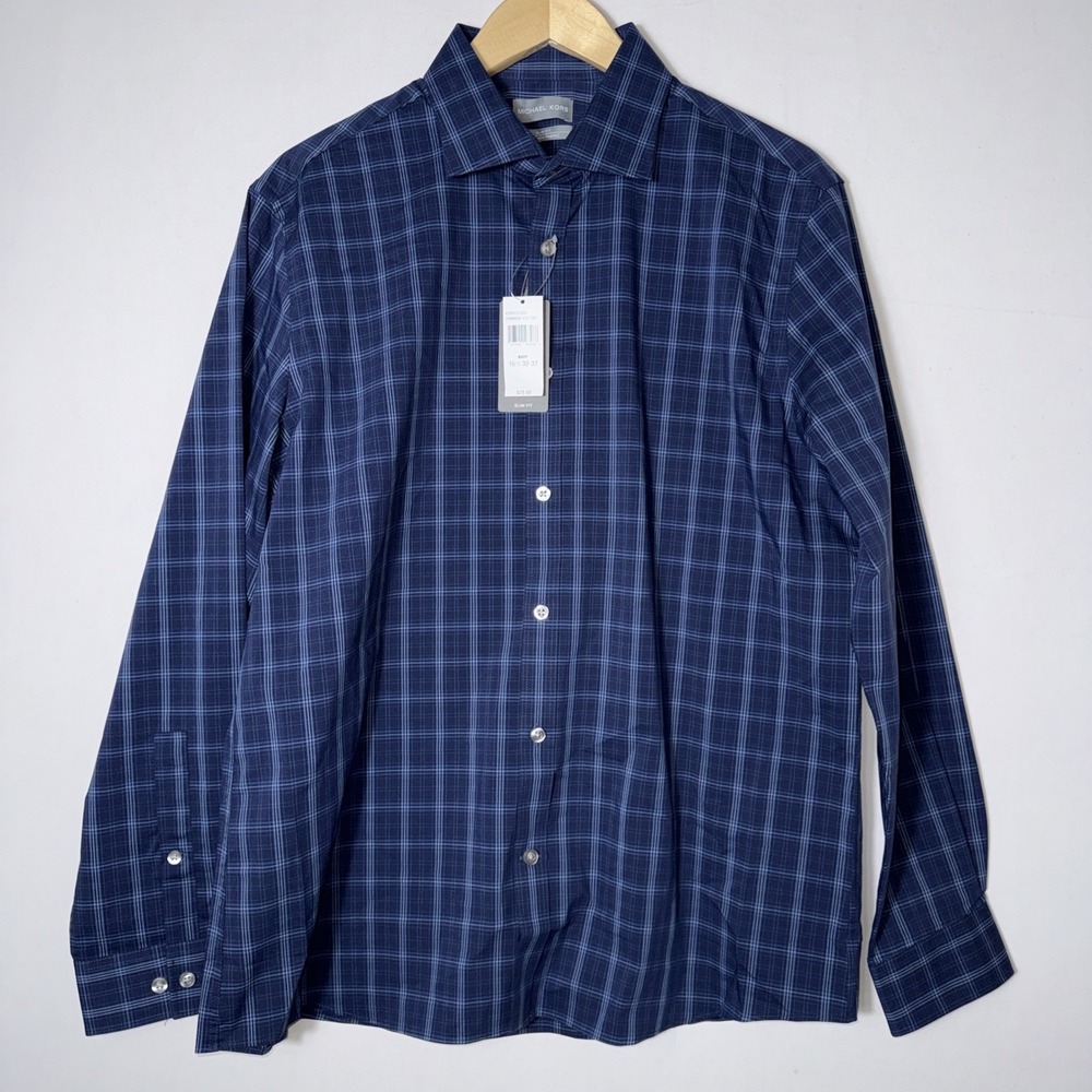 Michael Kors Mens Slim Fit Navy Plaid Stretch Dress Shirt 16.5 32/33 35MR663